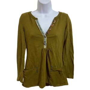 Anthropologie Little Yellow Button Olive‎ Green Cotton Embroidered Tunic Top XS